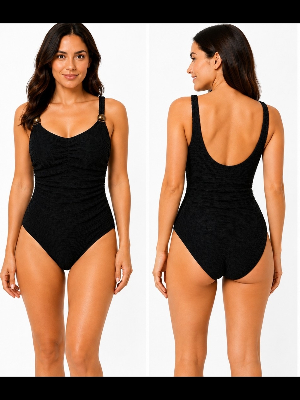 Textured Black One-Piece Swimsuit with Decorative Strap Rings Badgley Mischka
